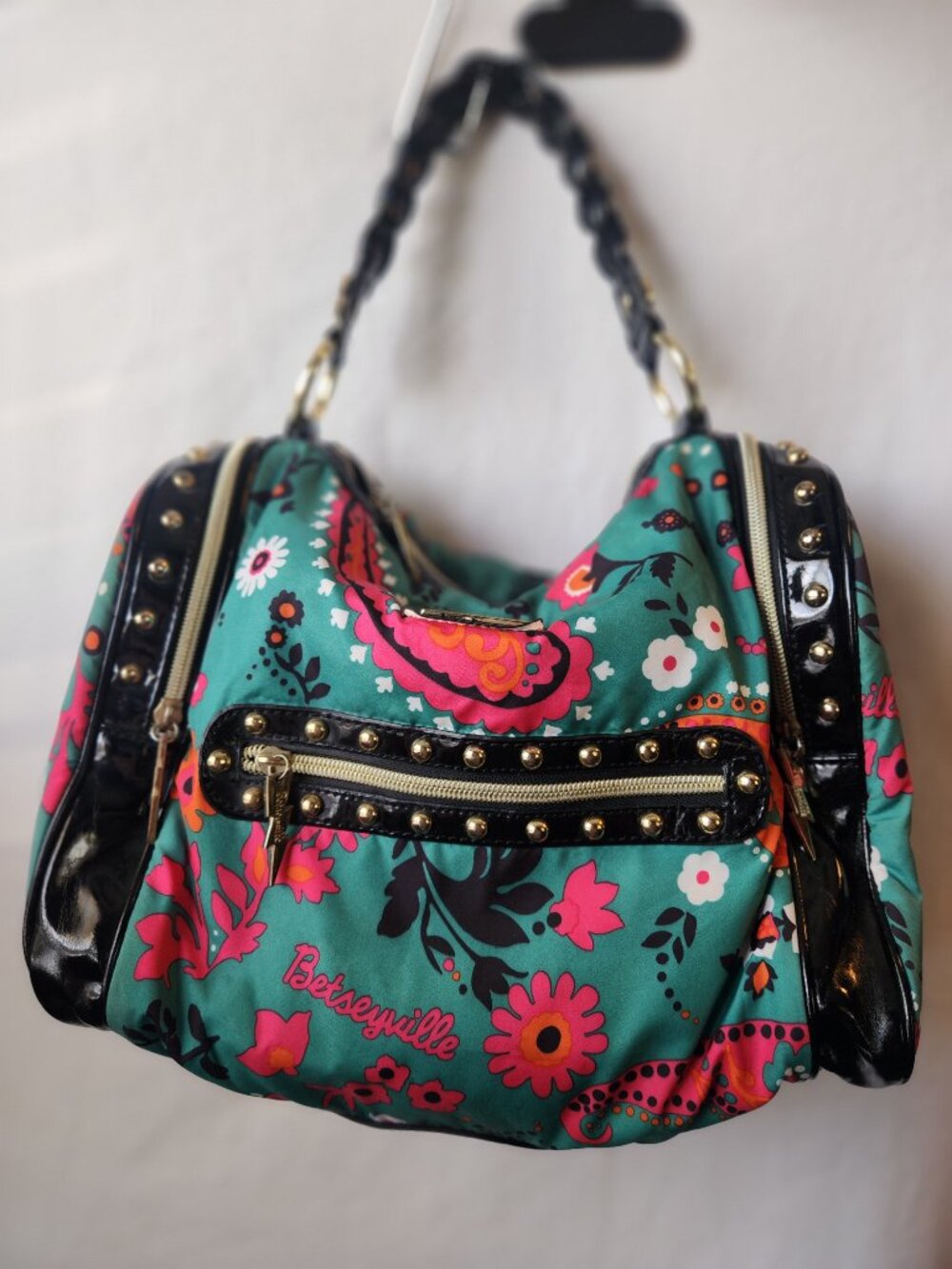 VTG Betseyville by Betsey Johnson Teal Paisley Floral Studded Hobo Bag Y2K